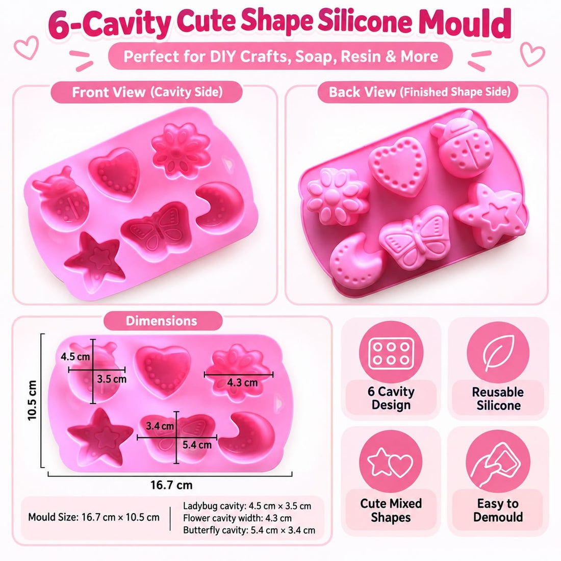 6-Cavity Cute Shape Silicone Mould for Concrecast Art – 16.7 × 10.5 CM | Mixed Shape Design SM1494