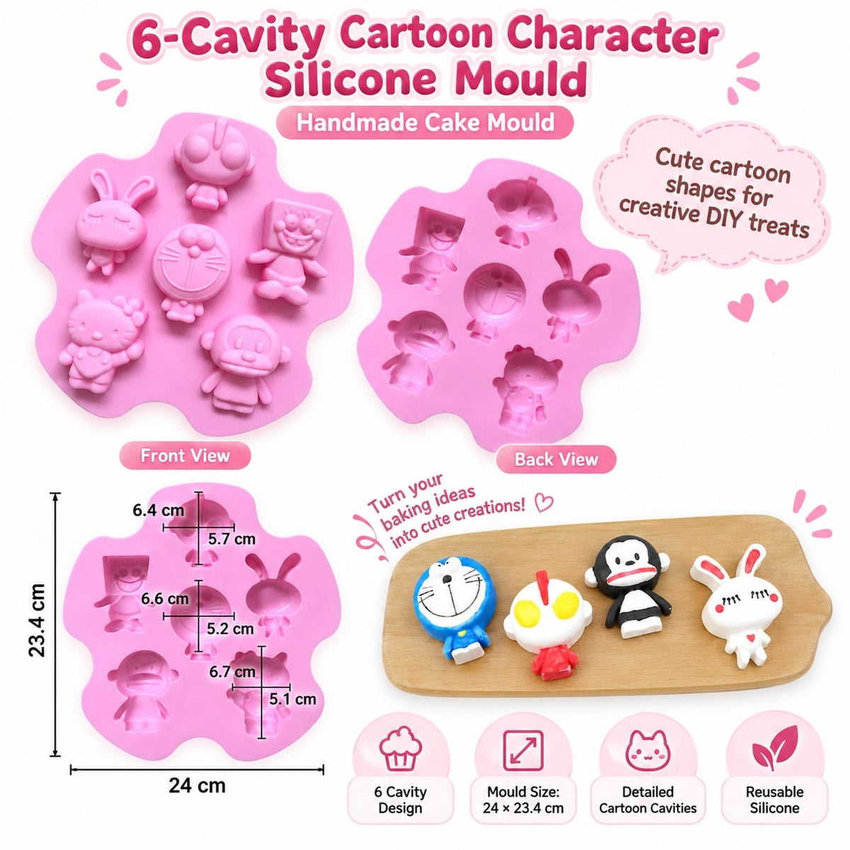 6-Cavity Cartoon Character Silicone Mould for Concrecast Art – 24 × 23.4 CM | Assorted Character Designs SM1496
