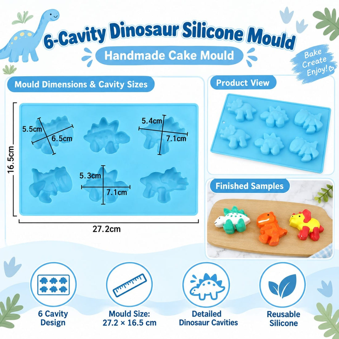 6-Cavity Dinosaur Silicone Mould – 27.2 × 16.5 CM | Assorted Dinosaur Designs SM1498