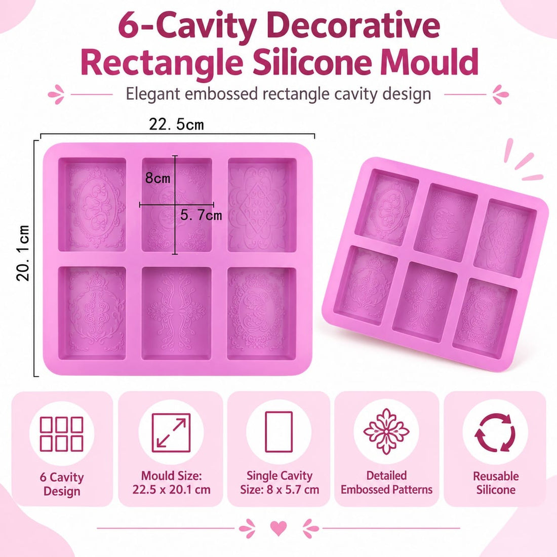 6-Cavity Decorative Rectangle Silicone Mould for Concrecast Art – 22.5 × 20.1 CM | Embossed Pattern Designs SM1499
