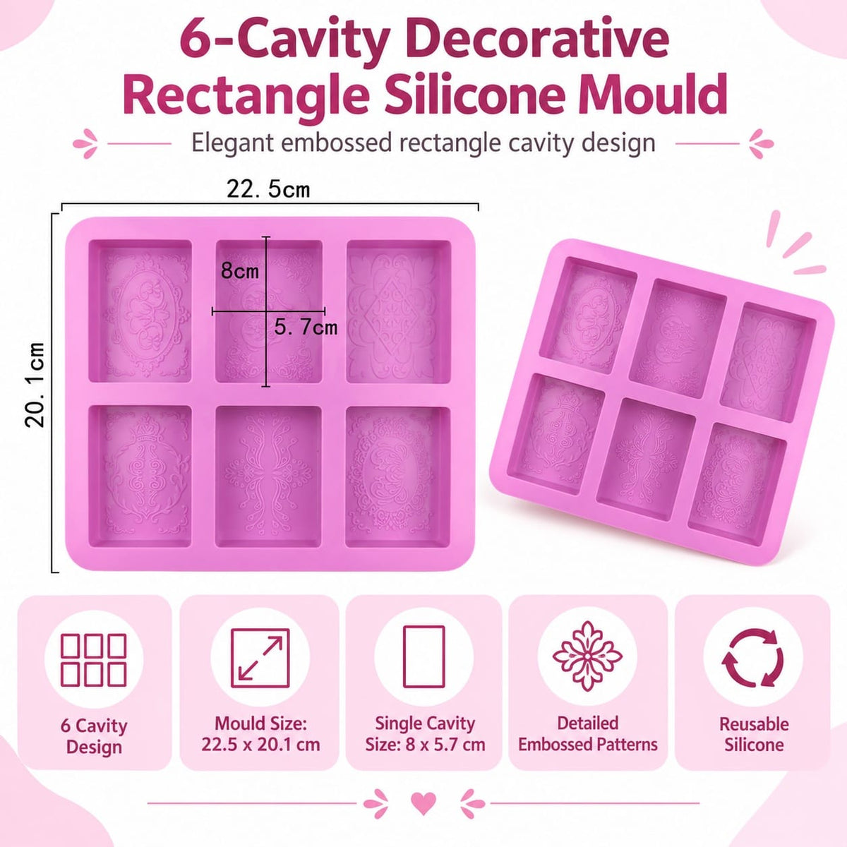 6-Cavity Decorative Rectangle Silicone Mould for Concrecast Art – 22.5 × 20.1 CM | Embossed Pattern Designs SM1499