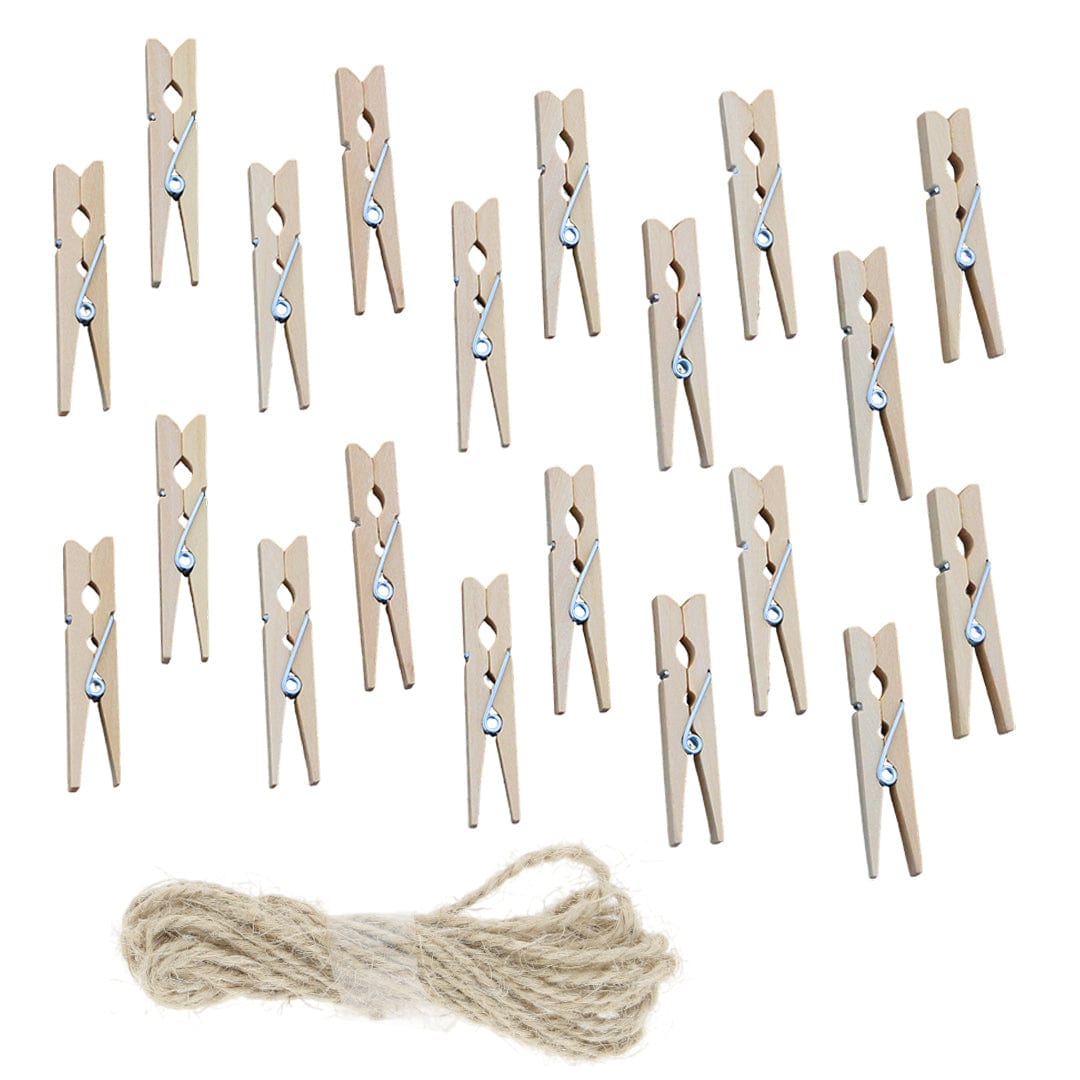 3.5Cm 20pcs Natural Wooden Clip With 2mtrs Jute Dori WC053