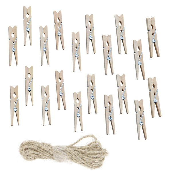 3.5Cm 20pcs Natural Wooden Clip With 2mtrs Jute Dori WC053