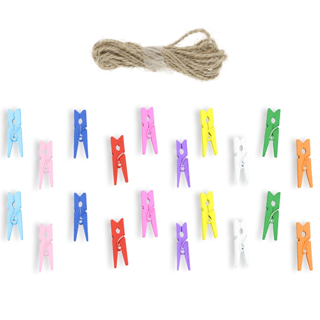 2.5Cm 20pcs Multi Wooden Clip With 2mtrs  Jute Dori WC055