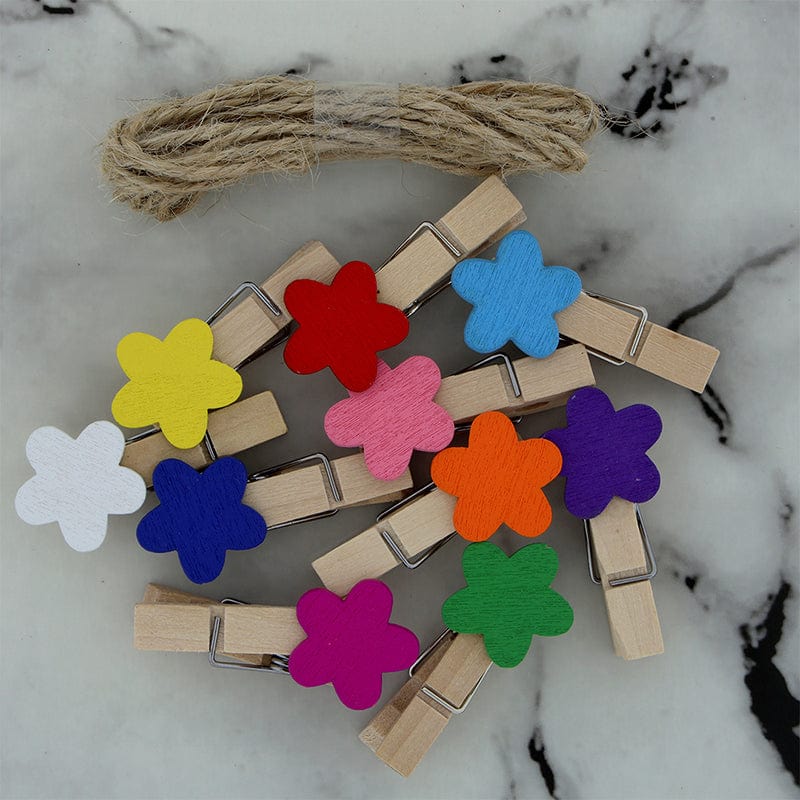 3.5Cm 10Pcs Flower Wooden Clip With 2mtrs  Jute Dori WC059F