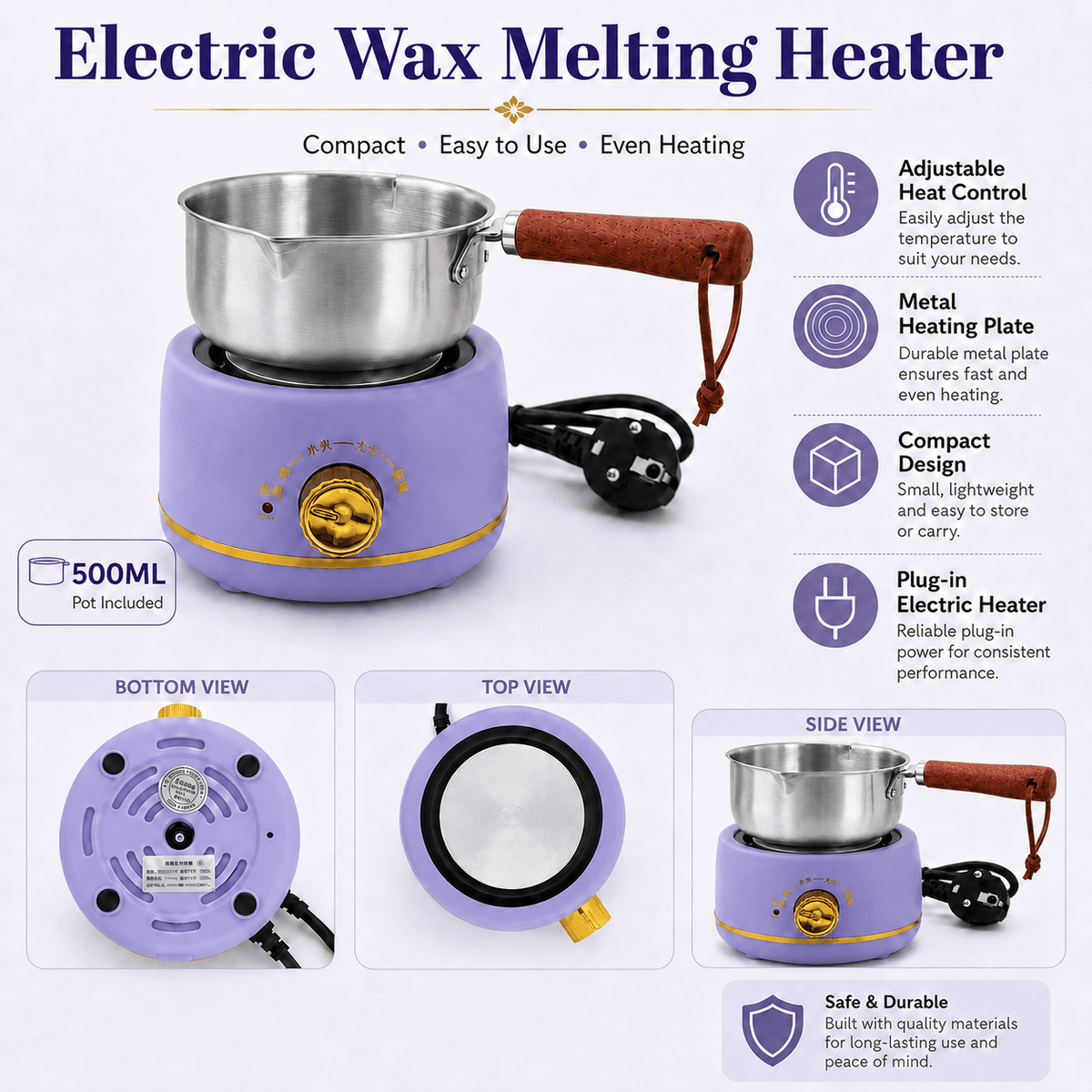 GENERIC Electric Wax Melting Heater with 500 ml Stainless Steel Pot – Adjustable Heat Control