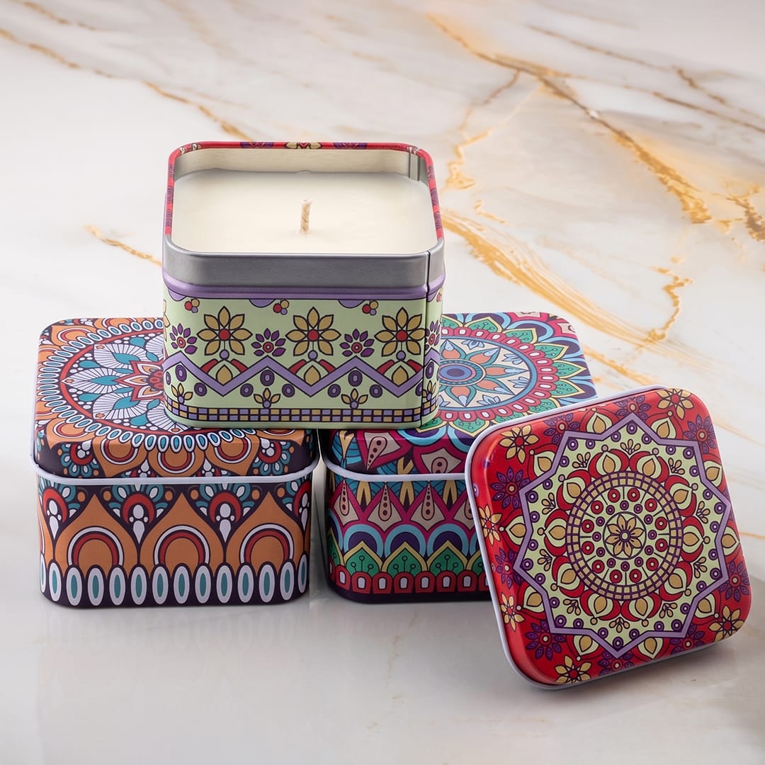 12 Pcs Square Shape Mandala Patten Tin Jar WX319