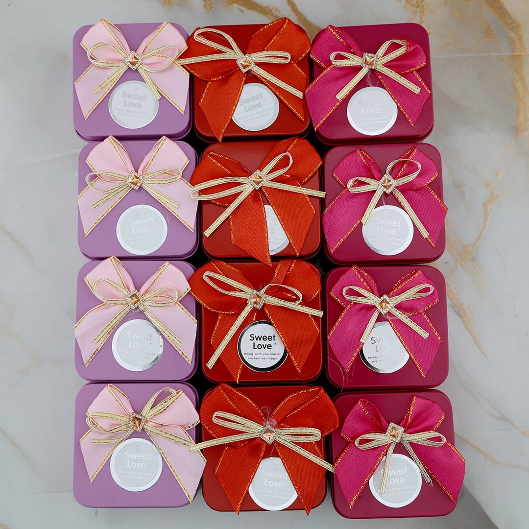 12 Pcs Square Shape Sweet Love With Bow Tin Jar WX322