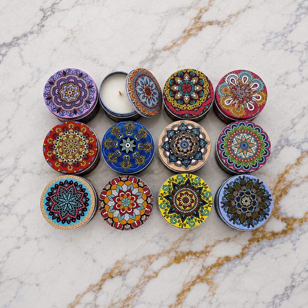 12 Pcs Round Mandala Art Tin Jar WX325